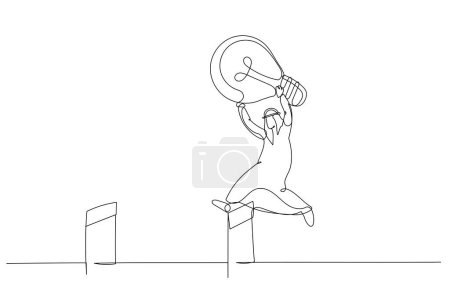 Ilustración de Ilustración de un hombre de negocios árabe musulmán saltando sobre un obstáculo. Línea continua ar - Imagen libre de derechos