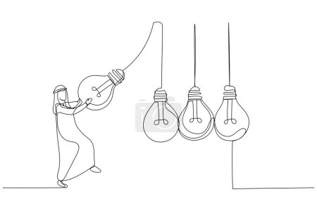 Illustration for Drawing of arab muslim businessman manager pull bright lightbulb as pendulum to transfer knowledge. One continuous line art styl - Royalty Free Image