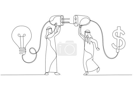 Illustration for Drawing of arab muslim businessman connect lightbulb with money dollar sign concept of financial support. One line art styl - Royalty Free Image