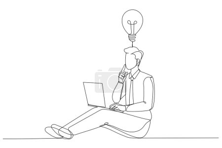 Téléchargez les illustrations : Dessiner de jeunes hommes d'affaires avec ordinateur portable a une idée. Style d'art en ligne continue unique - en licence libre de droit