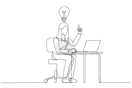 Téléchargez les illustrations : Caricature de femme d'affaires heureuse travaillant à son bureau et créant beaucoup d'ampoules d'idée. Style d'art en ligne continue unique - en licence libre de droit