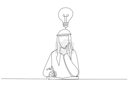 Illustration for Cartoon of arab businessman thinking on productive ideas sitting at laptop and notepad for notes. One line art style - Royalty Free Image