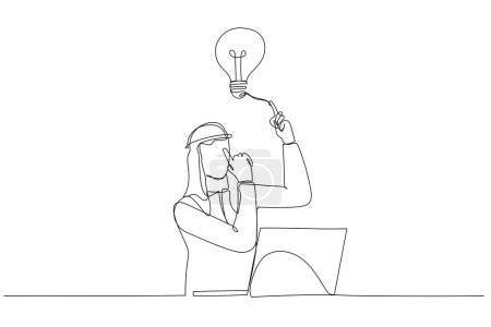 Téléchargez les illustrations : Dessin de l'homme d'affaires arabe assis à l'ordinateur portable et ayant une idée brillante à l'esprit avec ampoule ci-dessus. Un style d'art en ligne continue - en licence libre de droit