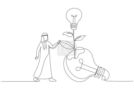 Illustration for Illustration of arab businessman look at seedling bright lightbulb idea plant grow from broken one. Single line art style - Royalty Free Image