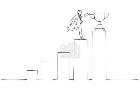 Illustration pour Caricature de gagner homme d'affaires intensifier graphique à barres de plus en plus pour gagner le concept de succès trophée. Style d'art de ligne unique - image libre de droit