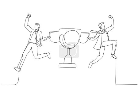 Illustration for Drawing of businessman partner celebrate winning victory trophy concept of team success. Single continuous line art style - Royalty Free Image