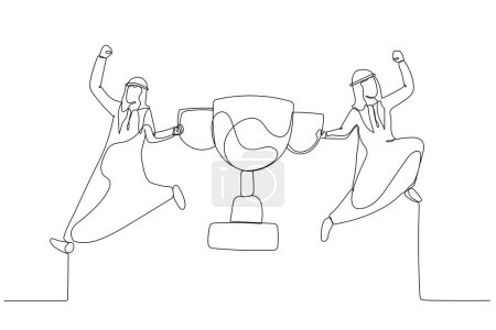 Téléchargez les illustrations : Caricature de l'homme d'affaires arabe partenaire célébrer gagner trophée concept de succès de l'équipe. Style d'art en ligne continue - en licence libre de droit
