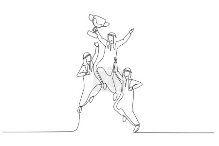 Illustration for Drawing of arab businessman jumping holding trophy get reward and celebrate. Single line art style - Royalty Free Image