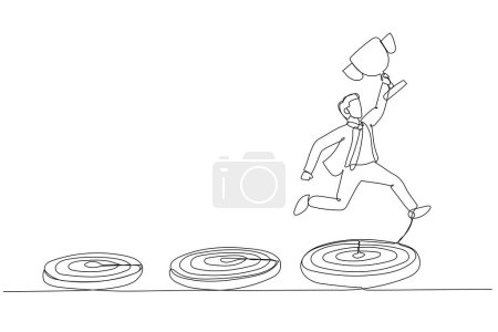 Illustration for Cartoon of businessman goes from small goal to bigger goal concept of growing mindset. One line art style - Royalty Free Image