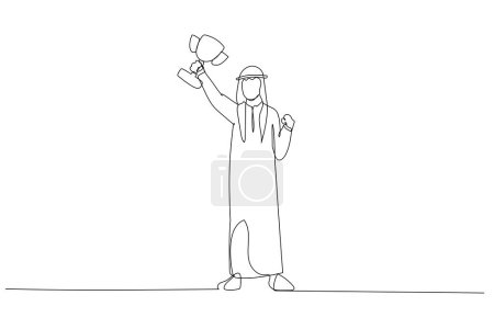 Illustration for Cartoon of arab businessman gesturing fists up holding gold cup winning and success. Single line art style - Royalty Free Image
