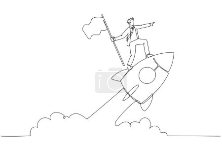 Photo for Cartoon of businessman holding number one flag standing on flying rocket. One continuous line art style - Royalty Free Image