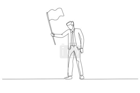 Illustration for Drawing of sad businessman waving white flag metaphor of surrender and give up. Continuous line art - Royalty Free Image