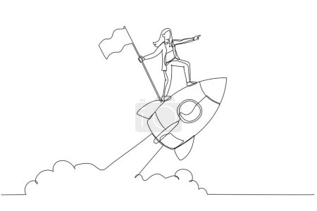 Karikatur einer Geschäftsfrau mit einer Flagge auf einer fliegenden Rakete. Eine durchgehende Linie Kunststil