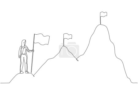 Ilustración de Dibujos animados de mujer de negocios escalando montañas concepto de desarrollo de negocios. Estilo de arte de una línea - Imagen libre de derechos