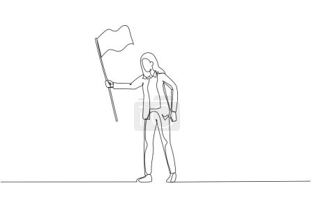 Illustration for Drawing of sad businesswoman waving white flag metaphor of surrender and give up. Continuous line art - Royalty Free Image
