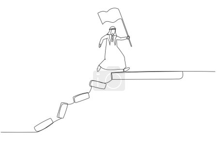 Illustration for Cartoon of arab man jumping on collapse bridge to reach target concept of survival. One continuous line art style - Royalty Free Image