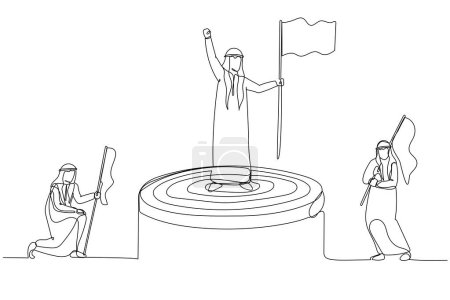 Illustration for Illustration of arab man holding flag on top of target concept of business competition. Single line art style - Royalty Free Image