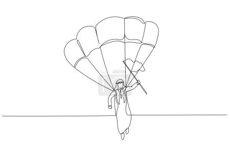 Téléchargez les illustrations : Caricature de l'homme arabe sur un parachute avec un drapeau atterrit sur la cible concept de solution. Un style de ligne art - en licence libre de droit