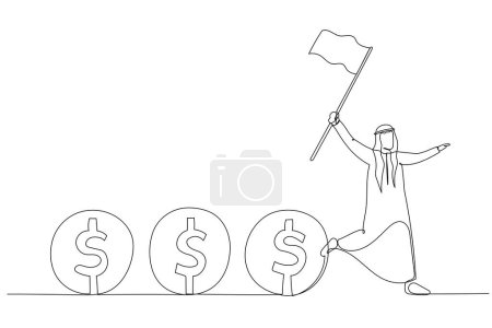 Illustration for Illustration of arab man leader holding flag control flow of money concept of cash flow. Single line art style - Royalty Free Image