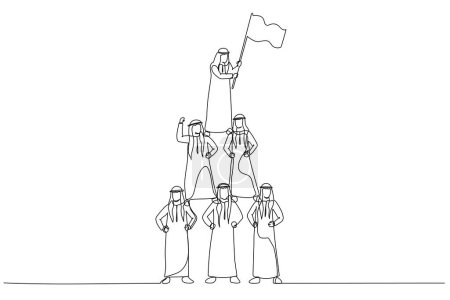 Téléchargez les illustrations : Caricature de l'homme arabe faire pyramide et dirigé par le chef d'entreprise avec le drapeau. Un style d'art de ligne - en licence libre de droit