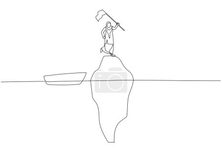Ilustración de Dibujo de la mujer de negocios musulmana sosteniendo la bandera en el pico del concepto iceberg de ilusión. Un estilo de arte de línea continua - Imagen libre de derechos