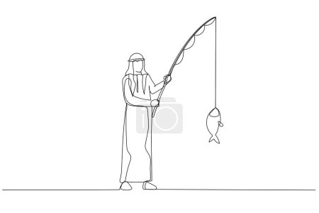 Téléchargez les illustrations : Caricature d'un homme d'affaires arabe pêchant de gros poissons. Style d'art en ligne continue unique - en licence libre de droit
