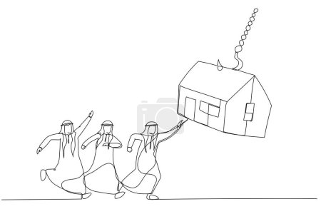 Illustration for Illustration of group of arab businessman try to get house bait on fishing hook. One line style art - Royalty Free Image