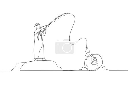 Illustration for Cartoon of arab businessman fishing with big money bag as bait. Continuous line art style - Royalty Free Image