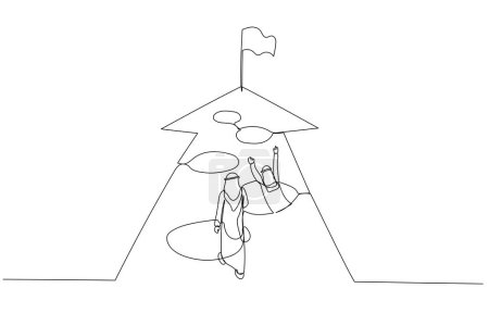Illustration for Cartoon of arab man race into success but trap on the way. Single line art style - Royalty Free Image