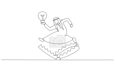 Illustration for Drawing of arab man avoid trap with good business idea lightbulb. Single continuous line art - Royalty Free Image
