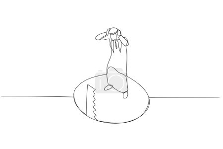 Téléchargez les illustrations : Illustration de scie plancher faire homme arabe concept panique de crise des affaires. Un style d'art de ligne - en licence libre de droit