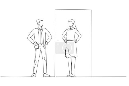 Ilustración de Dibujo de hombre de negocios mirando el género opuesto de uno mismo en la reflexión espejo. Estilo de arte de línea continua única - Imagen libre de derechos
