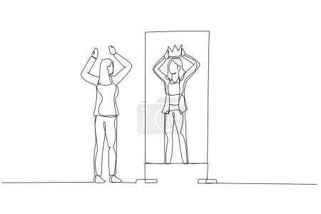 Cartoon of business woman looking into better self putting crown in head. One line art style
