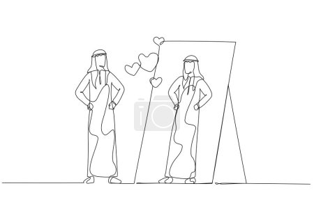 Téléchargez les illustrations : Dessin de l'homme arabe regardant dans miroir amour-propre santé mentale. Style d'art de ligne unique - en licence libre de droit