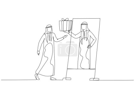 Téléchargez les illustrations : Dessin de l'homme arabe donnant récompense à soi-même lors de la réalisation de l'objectif célébrer la victoire. Style d'art de ligne unique - en licence libre de droit