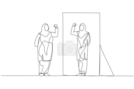 Illustration for Cartoon of fat woman wear hijab looking into mirror seeing fit lean healthy version. Single continuous line art - Royalty Free Image
