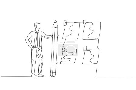 Illustration for Illustration of businessman with pencil sort sticky notes concept of prioritize work. Single continuous line art - Royalty Free Image
