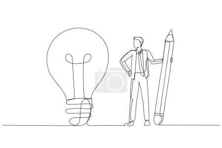 Téléchargez les illustrations : Dessin de l'homme d'affaires utiliser crayon pour relier les points et de créer le concept ampoule idée de la compréhension des affaires. Style d'art en ligne continue unique - en licence libre de droit
