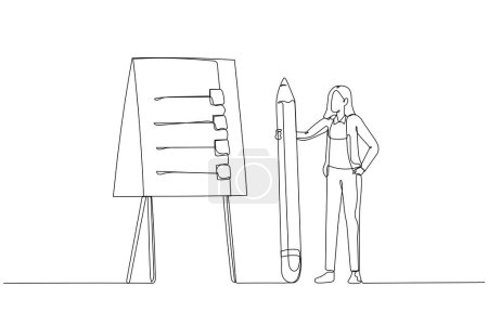 Illustration der Geschäftsfrau präsentieren Aktionsplan mit Checkliste Schritt auf Whiteboard Konzept der Vorgehensweise. Durchgehende Linie Kunststil