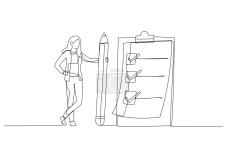 Photo for Illustration of businesswoman holding pencil at questionnaire checklist with tick marks concept task objective. Continuous line art - Royalty Free Image