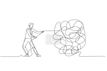Photo for Cartoon of businessman try to unraveling tangled rope concept of solution and problem solving. One line art style - Royalty Free Image