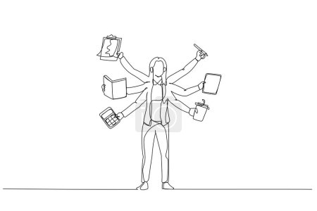 Photo for Cartoon of businesswoman with several hand concept of multitasking. Single continuous line art - Royalty Free Image