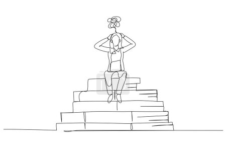 Illustration for Cartoon of businesswoman stressed because of paperwork. Single line art style - Royalty Free Image
