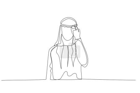 Téléchargez les illustrations : Illustration de stress travailleur arabe se sentant mal à la tête épuisé et malheureux. Un style d'art de ligne - en licence libre de droit
