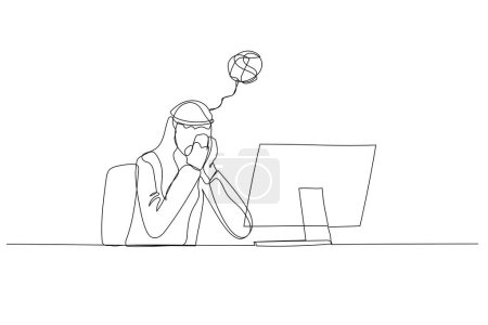 Illustration for Cartoon of arab man depressed suffered in workplace. Continuous line art style - Royalty Free Image