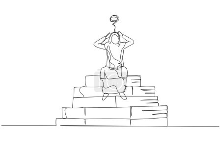 Illustration for Cartoon of muslim woman stressed because of paperwork. Single continuous line art - Royalty Free Image