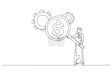 Illustration for Arab man with magnifier showing dollar money reflection looking at gear cogwheel concept of cost efficient. Single continuous line art - Royalty Free Image