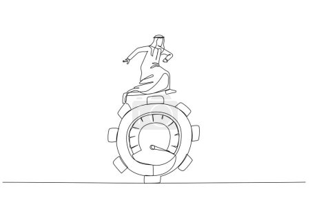 Téléchargez les illustrations : Arab man running at gear cogwheel metaphor of productivity and motivation. One line style art - en licence libre de droit