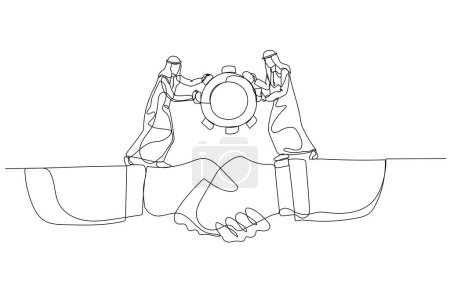 Téléchargez les illustrations : Arab man team bring gear cogwheel across bridge made from shaking hand. One continuous line art style - en licence libre de droit