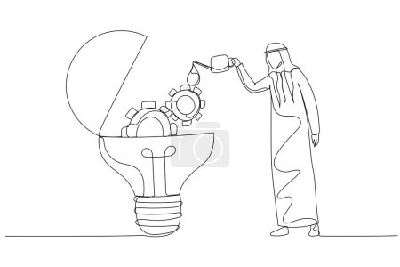 Téléchargez les illustrations : Arab man drop oil lubricant into idea lightbulb lamp with mechanical gears. One line art style - en licence libre de droit